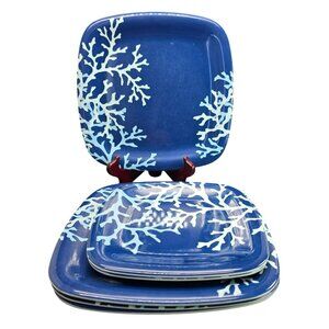 Martha Stewart Blue Coral Square Melamine Plates 4 Dinner and 2 Lunch Set DH1324